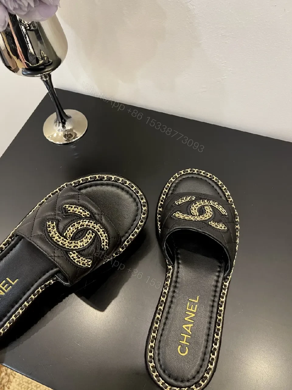 View 4 of Black Leather Slip-Ons with Chain Detailing Sandals