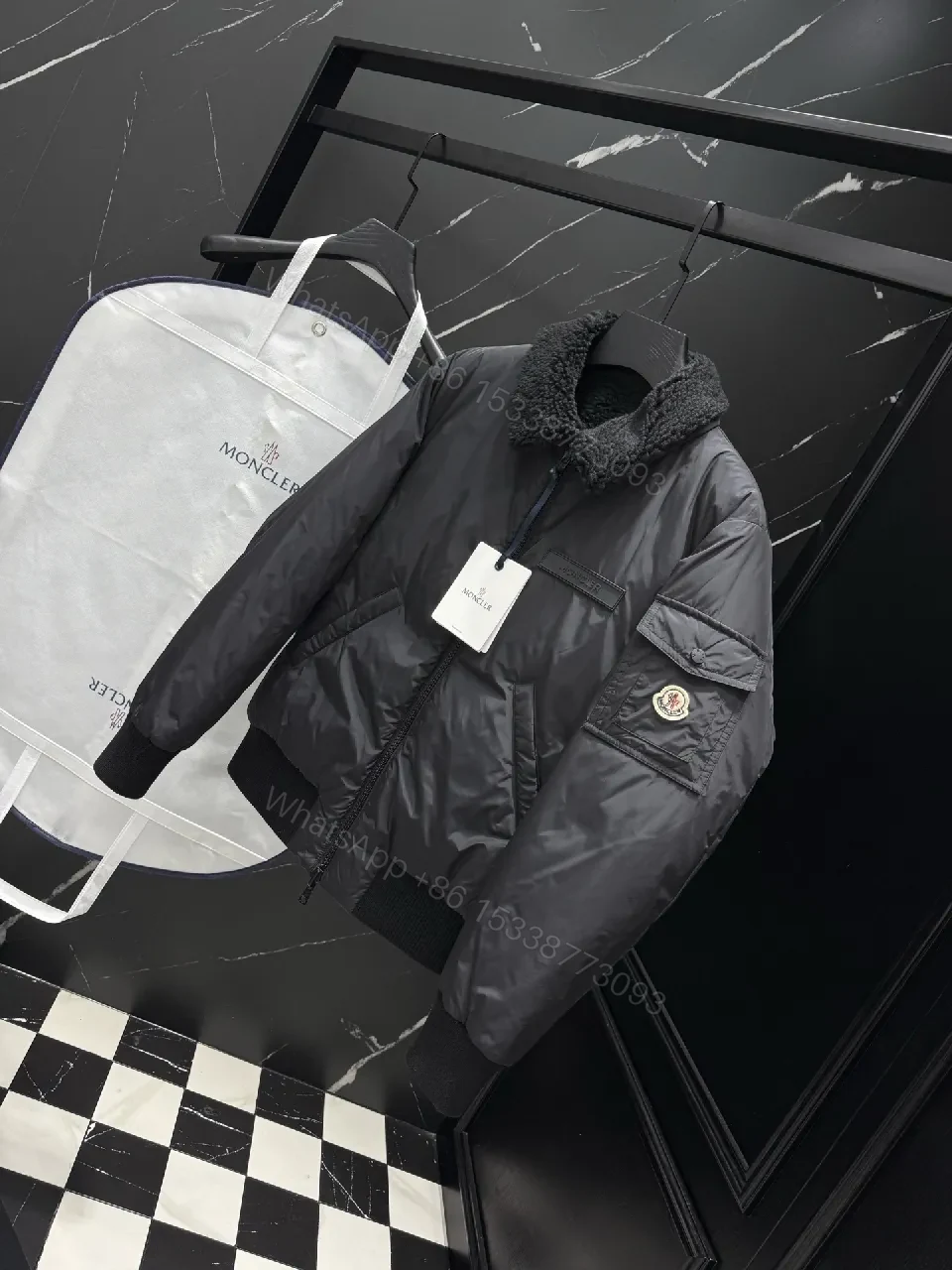 View 5 of Dark Nylon Bomber: Plush Sherpa Collar Jacket with Quilted Shell