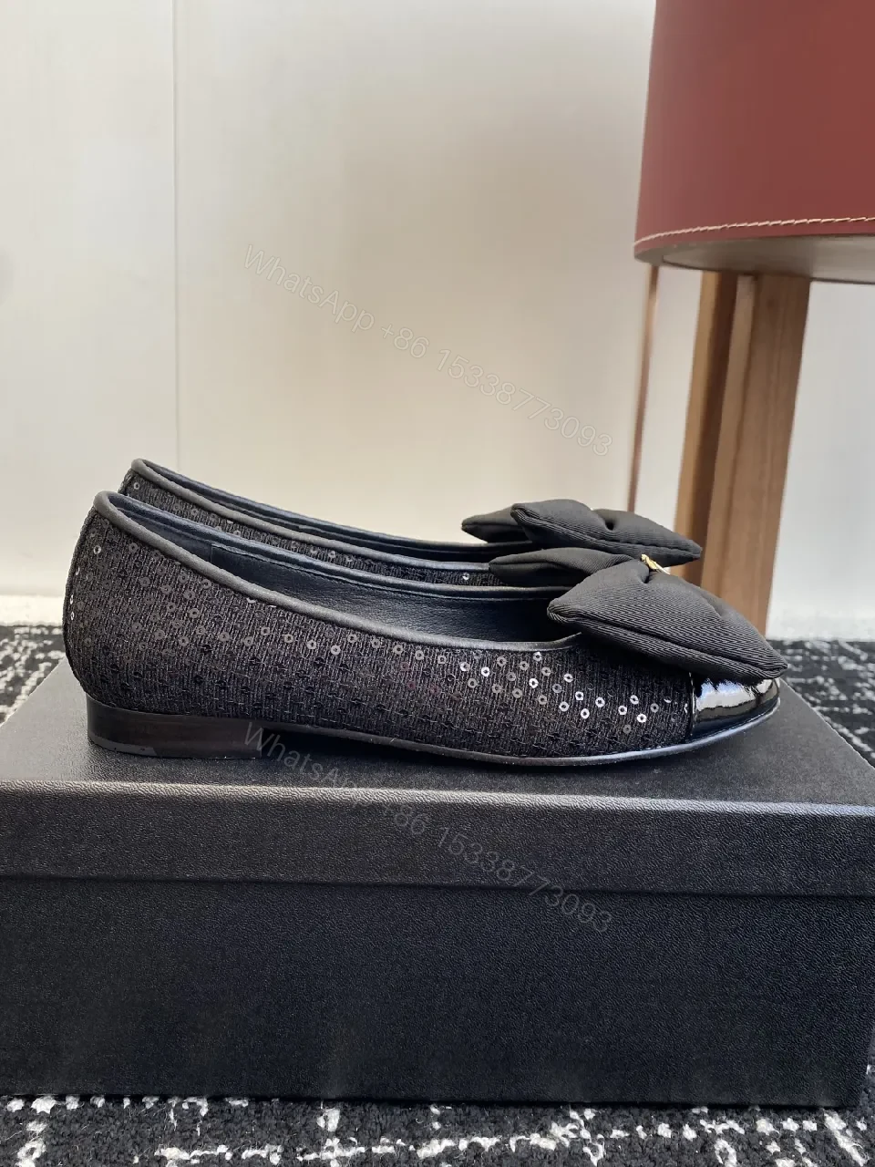 View 3 of Chic Black Patent Ballet Flats with Ribbon Bow Accent