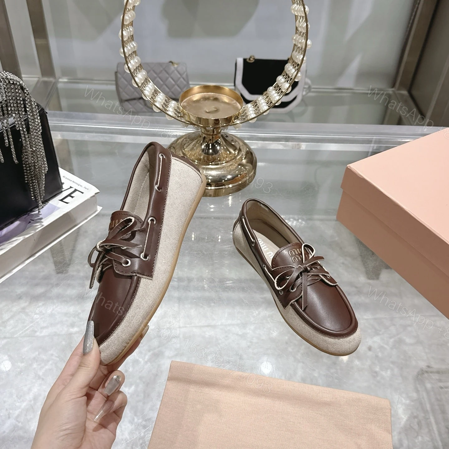 View 6 of MIUMIU CANVAS AND BLEACHED LEATHER BOAT SHOES BEIGE