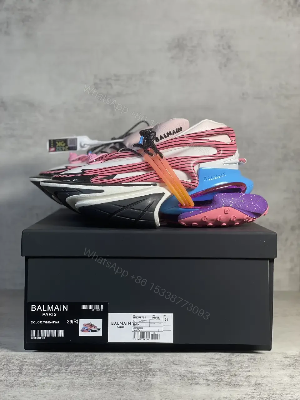 View 2 of pink white black striped leather and mesh sneaker for everyday luxury