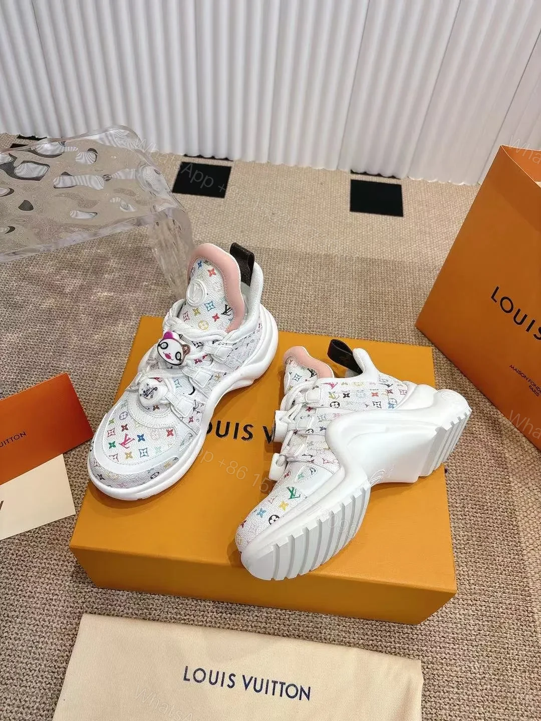 View 4 of LV Women White Leather Multicolor Logo Sneakers