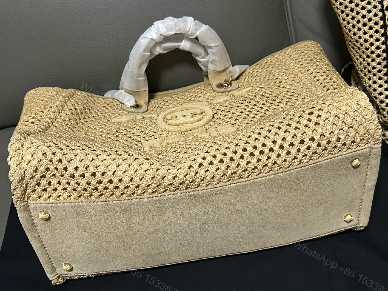 View 7 of Natural Straw Tote in Beige with Leather Trim, CHANEL-Embossed, Open-Top Tote