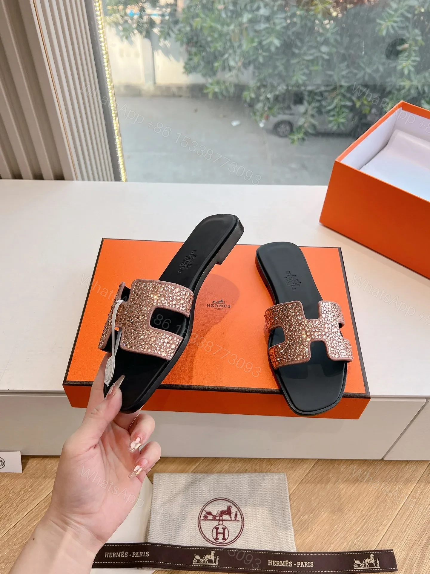 View 6 of Hermes Women Rose Gold Crystal Leather Sandals
