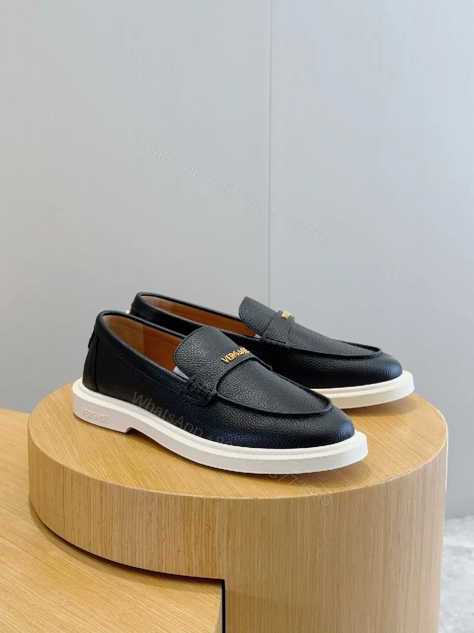 View 9 of Navy Leather Penny Loafers with Gold Hardware & White Sole