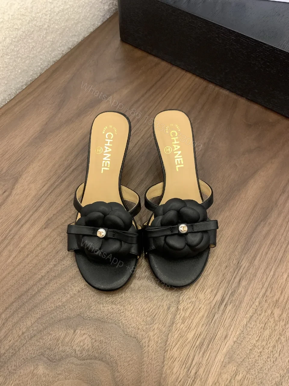 View 9 of Black Satin Slide with Floral Appliqué, Luxe Casual Slide