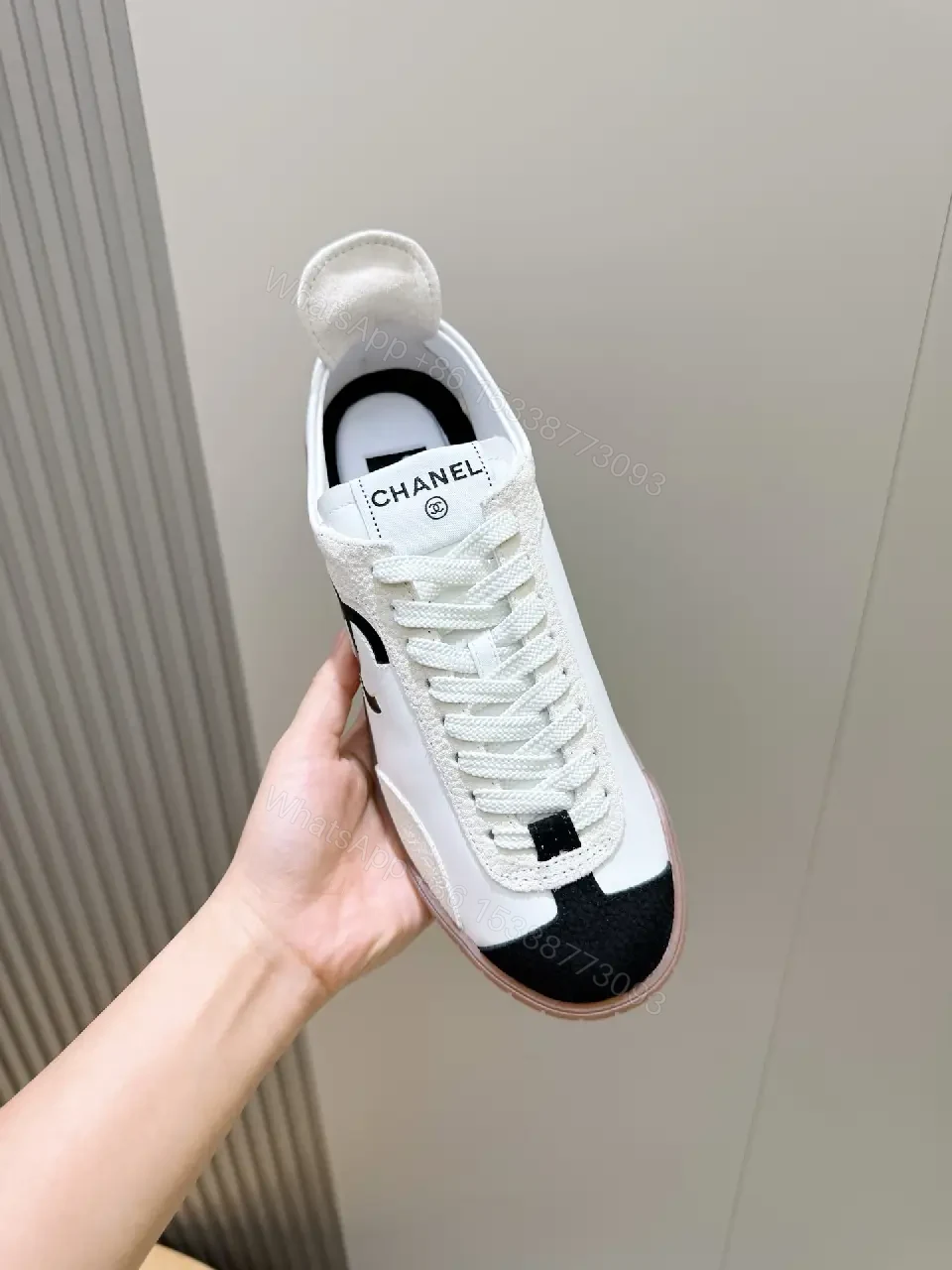 View 6 of White Leather Sneaker Black Toe Classic Chanel Logo Shoes