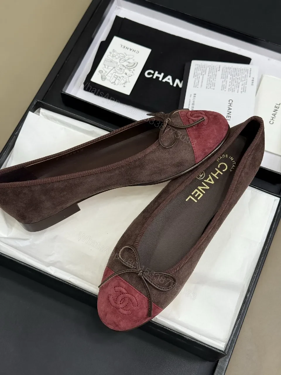 View 3 of Two-Tone Burgundy Suede Ballet Flats with Bow and Embossed Toe