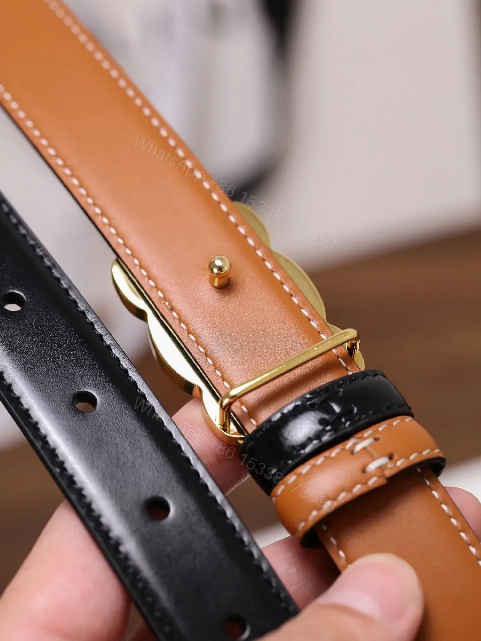 View 3 of Black Leather Belt with Gold Crystal Clasp Belt