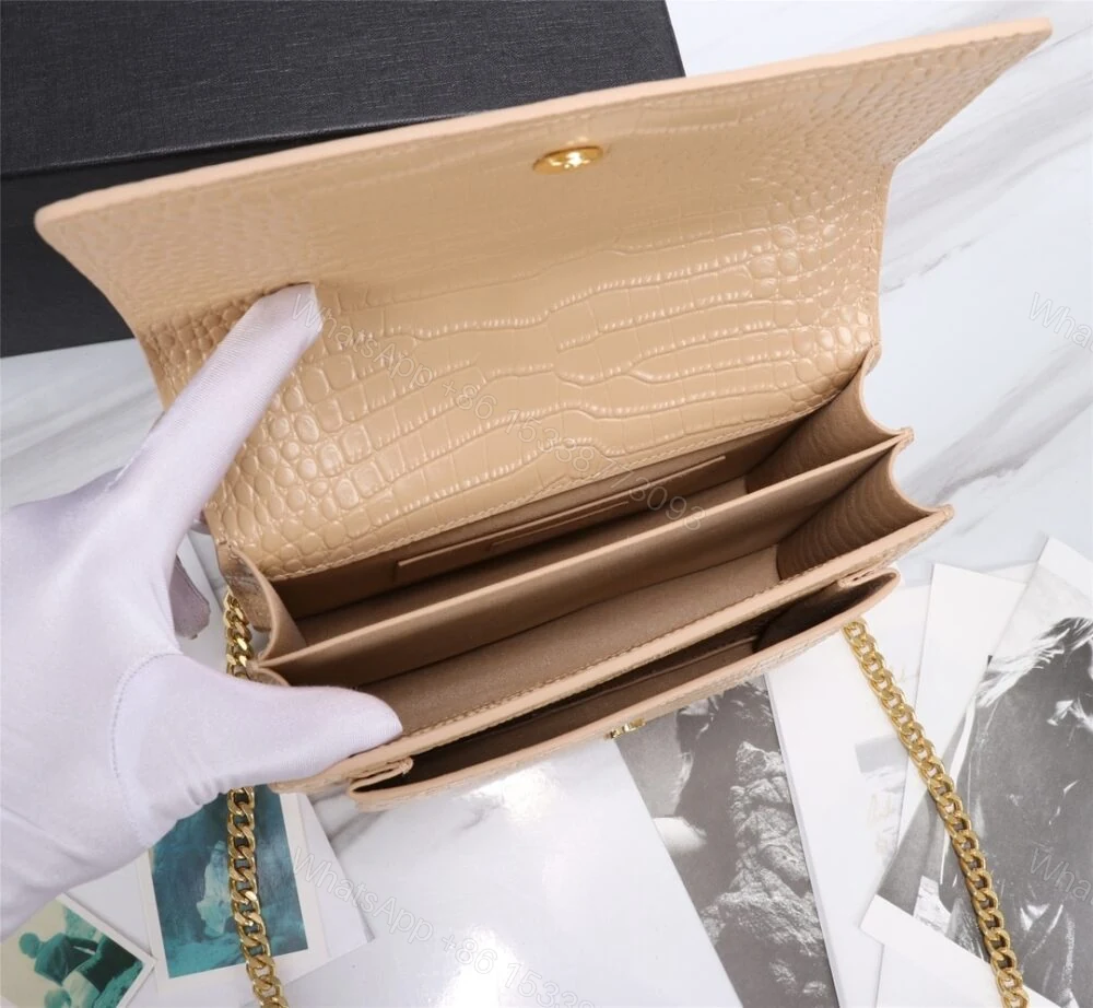 View 7 of Saint Laurent Sunset Medium Chain Bag In Crocodile-Embossed Shiny Apricot 22Cm 442906DND0N9207