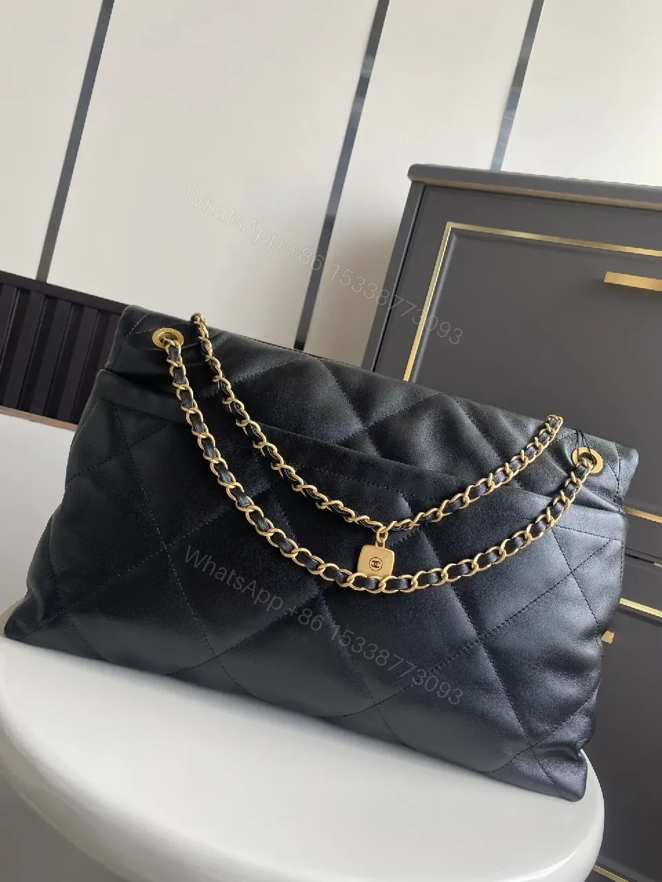 View 2 of Lux Quilted Leather Handbag in Black with Gold Hardware