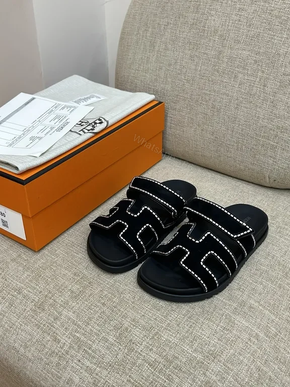 View 6 of Hermes-Inspired Black Slides with Geometric Stitch Detailing