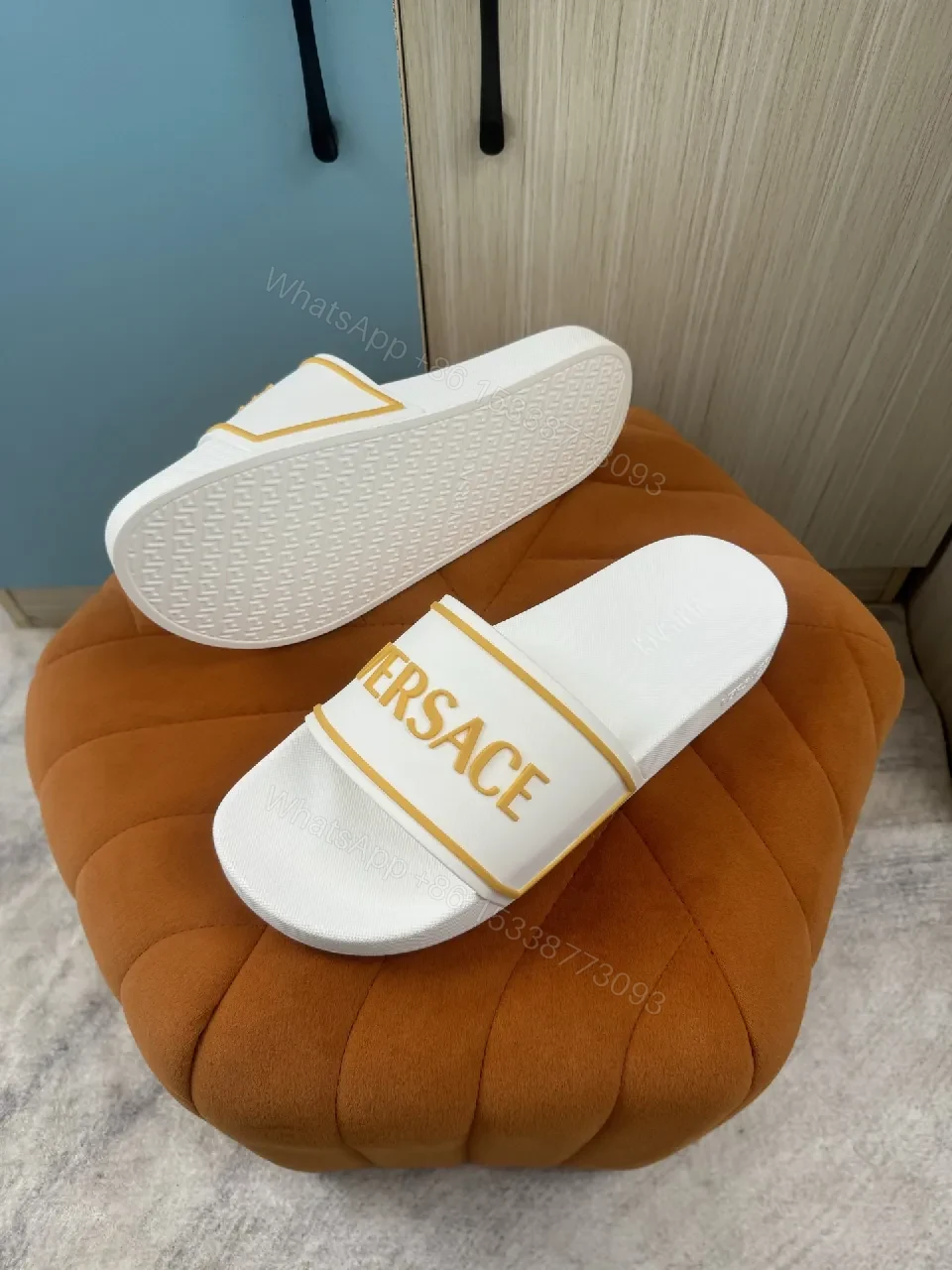 View 6 of White & Yellow Versace-Trim Slide Sandals: Luxe Comfort Sliding