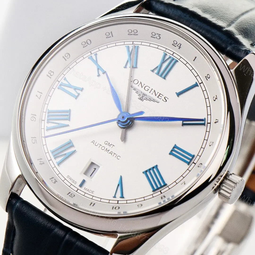 View 5 of Longines Master Collection GMT Watch White Dial with Blue Hands 40mm Stainless Steel Case Italian Grey Leather Strap