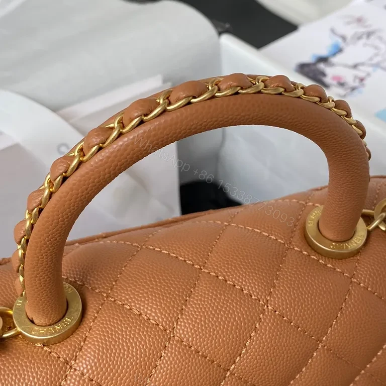 View 9 of Chanel-Inspired Quilted Mini Bag, Caramel Leather, Gold Chain, Versatile Carry