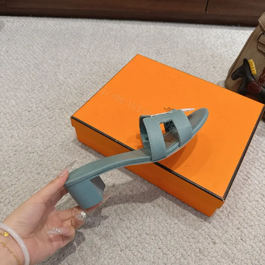 View 3 of Blue Leather Hermes-Style Sandals with Iconic H Strap