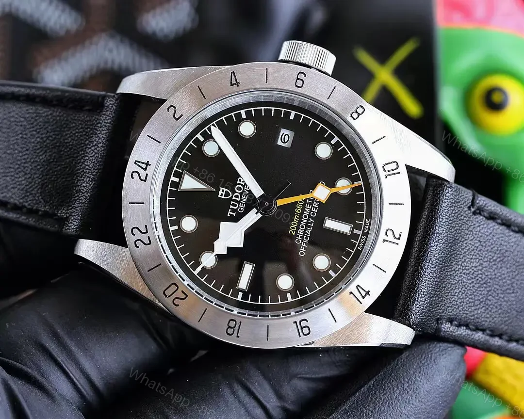 View 4 of Tudor Qichen GMT Black Dial 24-Hour Bezel Leather Strap Premium 42MM TUDOR-BB-GMT-42-BLK-LEATHER