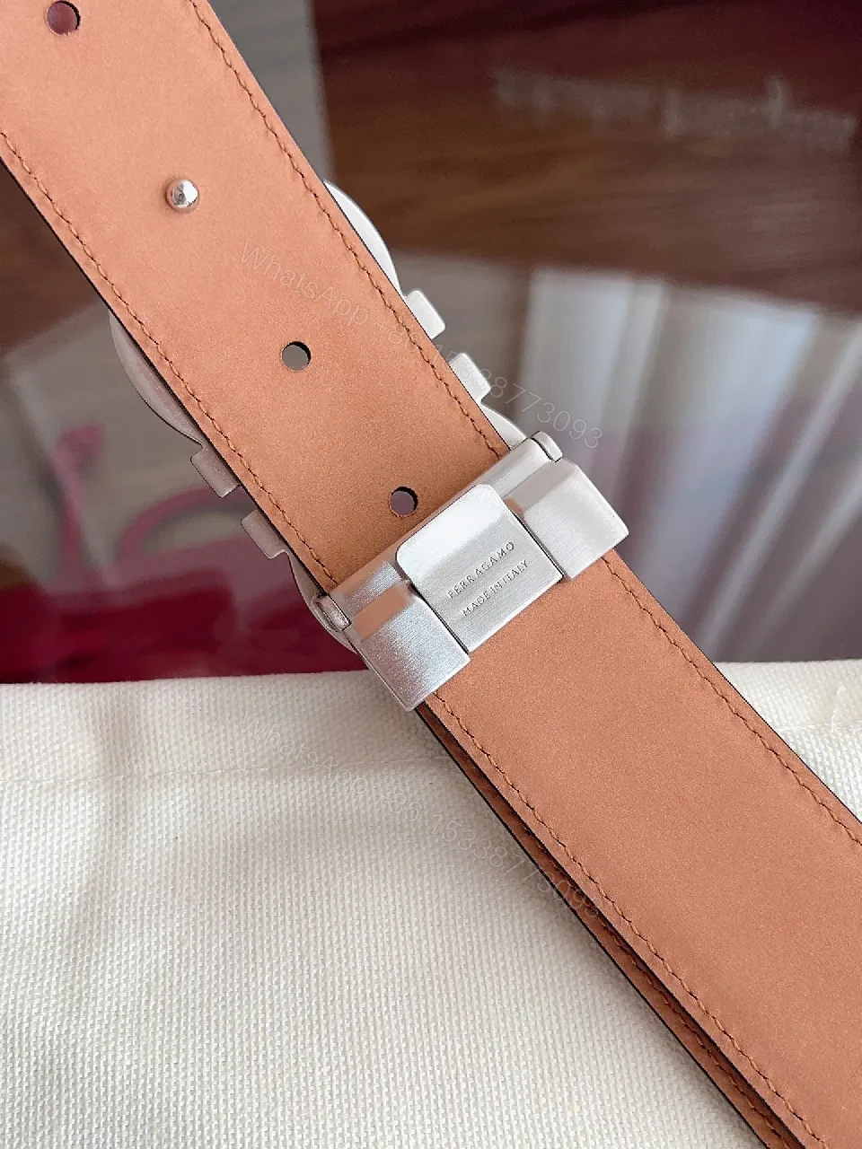 View 3 of Nude Leather Croc-Texture Belt with Matte Hardware