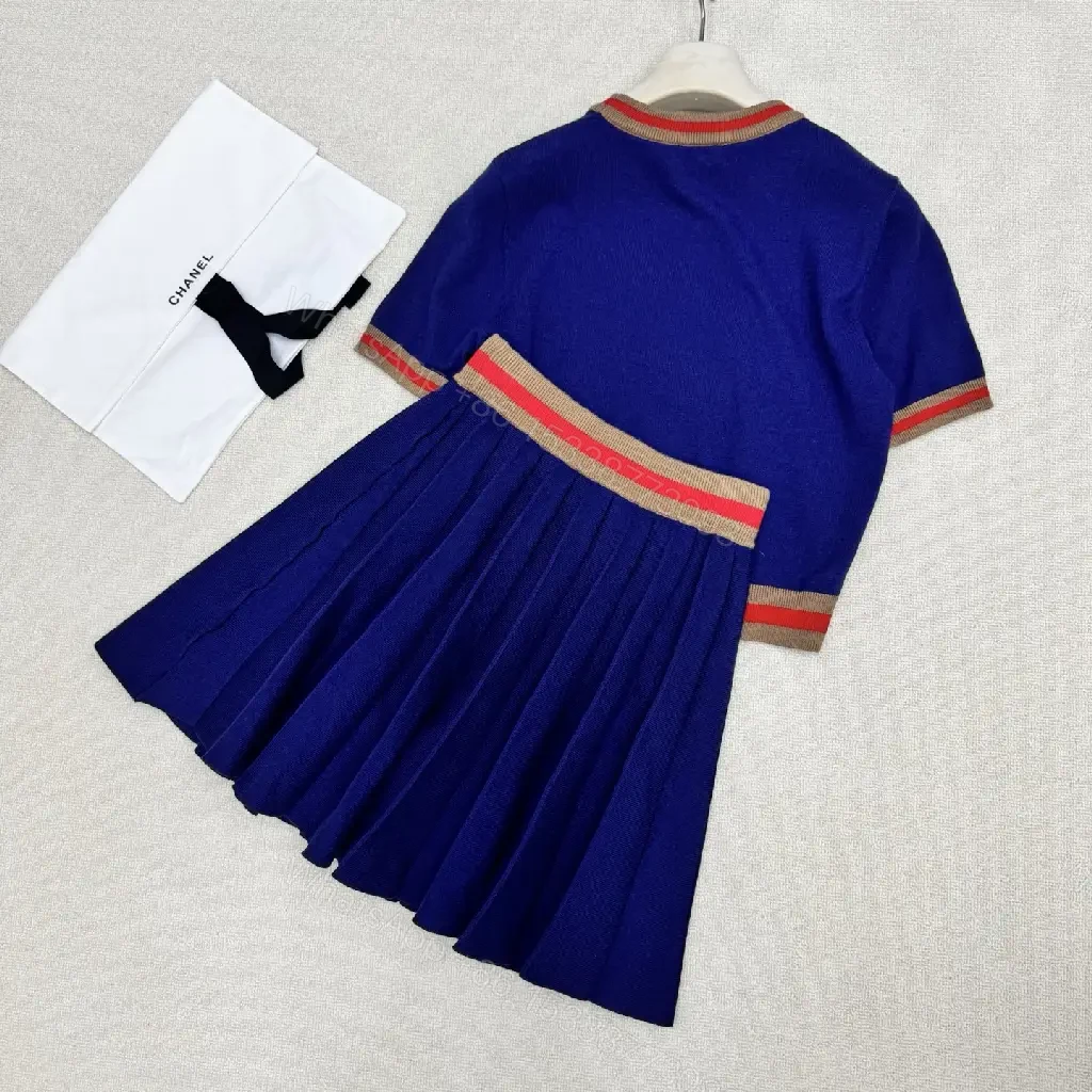 View 5 of Navy Knit Set: Pleated Midi Skirt & Striped-Detail Top