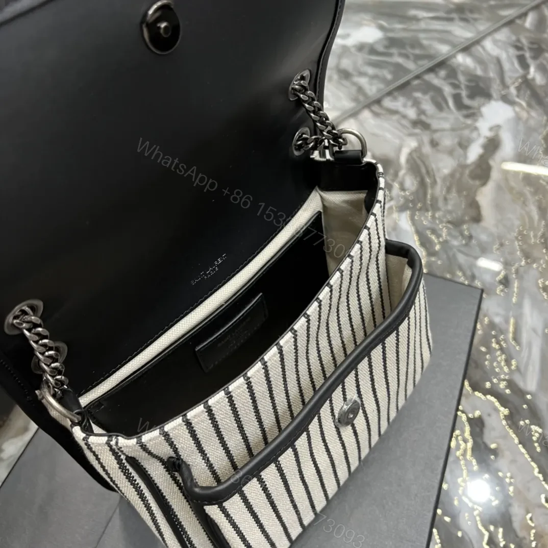 View 3 of Saint Laurent Cotton Canvas Striped Vintage Calfskin Monogram Medium Niki Chain Satchel