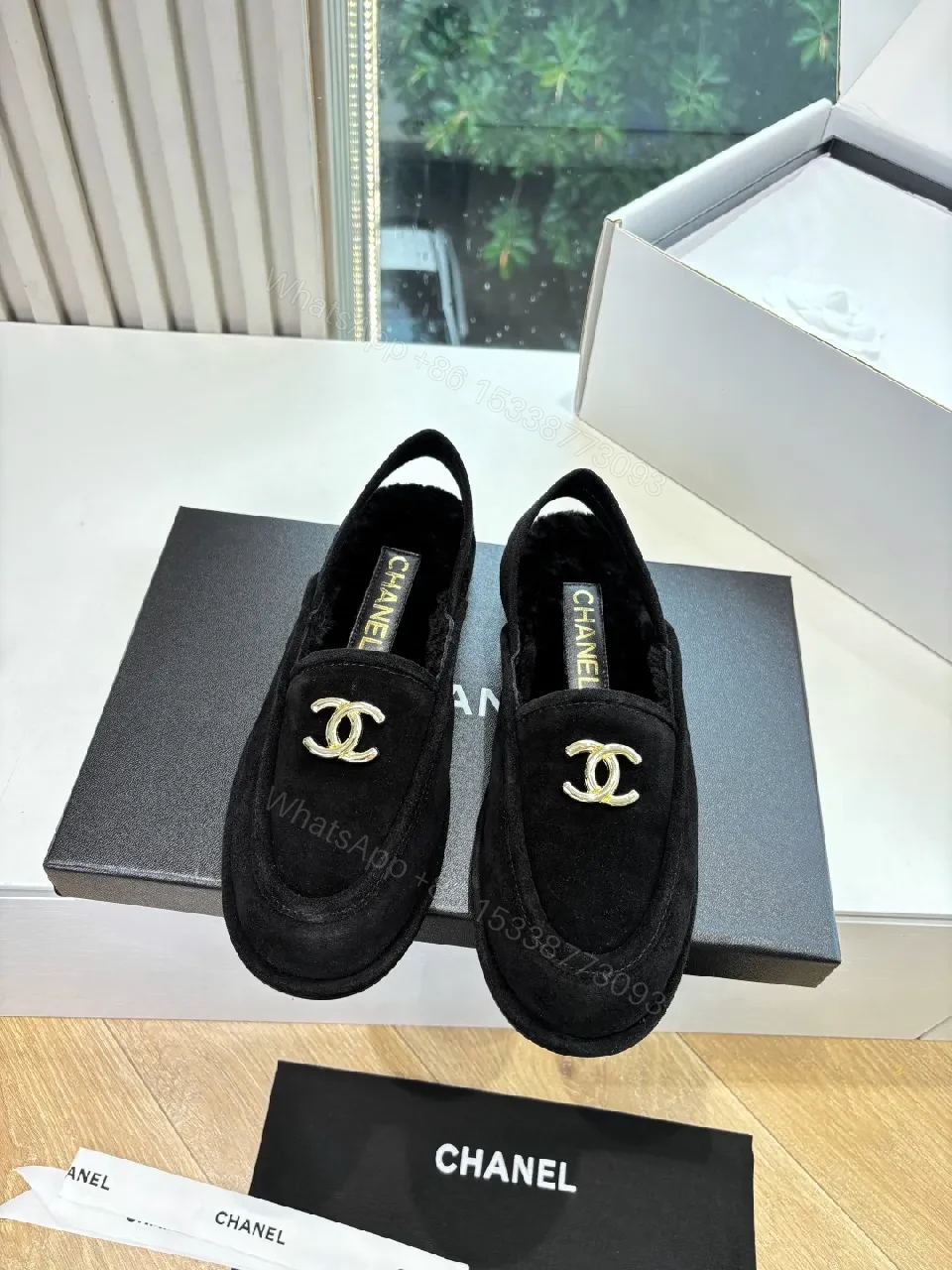 View 9 of Black Suede Loafers with Gold Logo Hardware