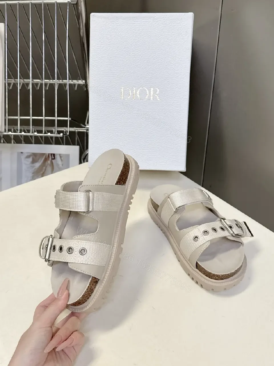 View 9 of Cream Leather Sandals, Metallic Buckle, Dior Style, Cork-Insole Comfort, Sandals