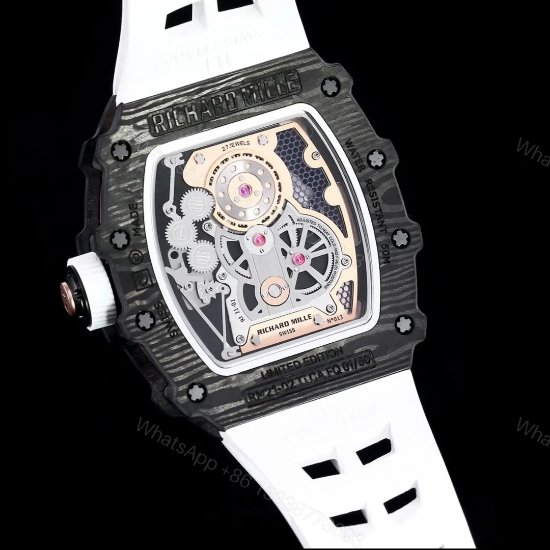 View 8 of Richard Mille RM21-01 Automatic Skeleton Watch 40MM Carbon Fiber Case White Strap Aerospace Structure 20 Keyway Screws Premium Edition RM-RM21-01-CF-WHT-SKL-40