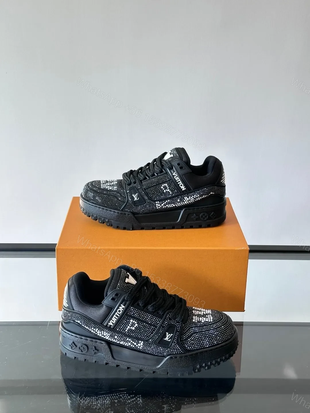 View 4 of LV Men Black Fabric Embellished Sneakers