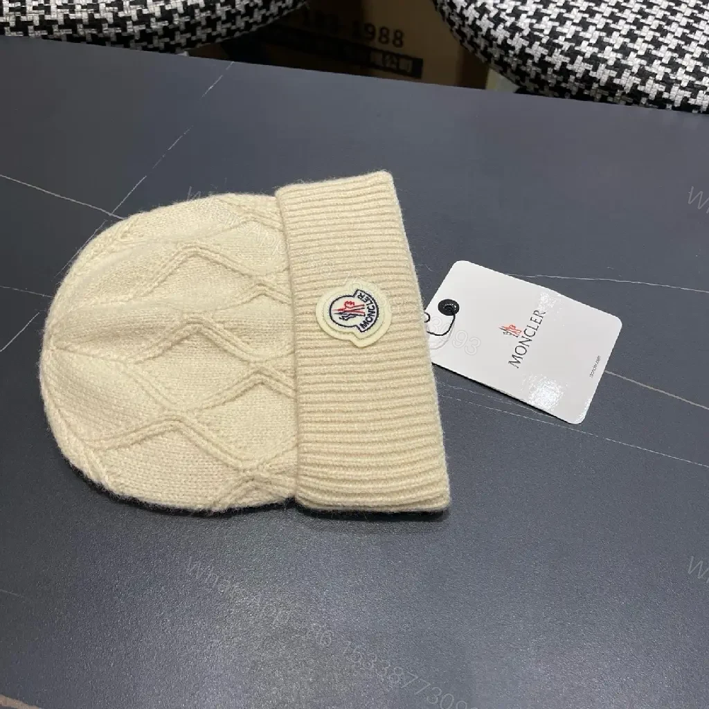 View 10 of Cream Knit Beanie + Wool Blend + Classic + Subtle Moncler Patch + Beanie