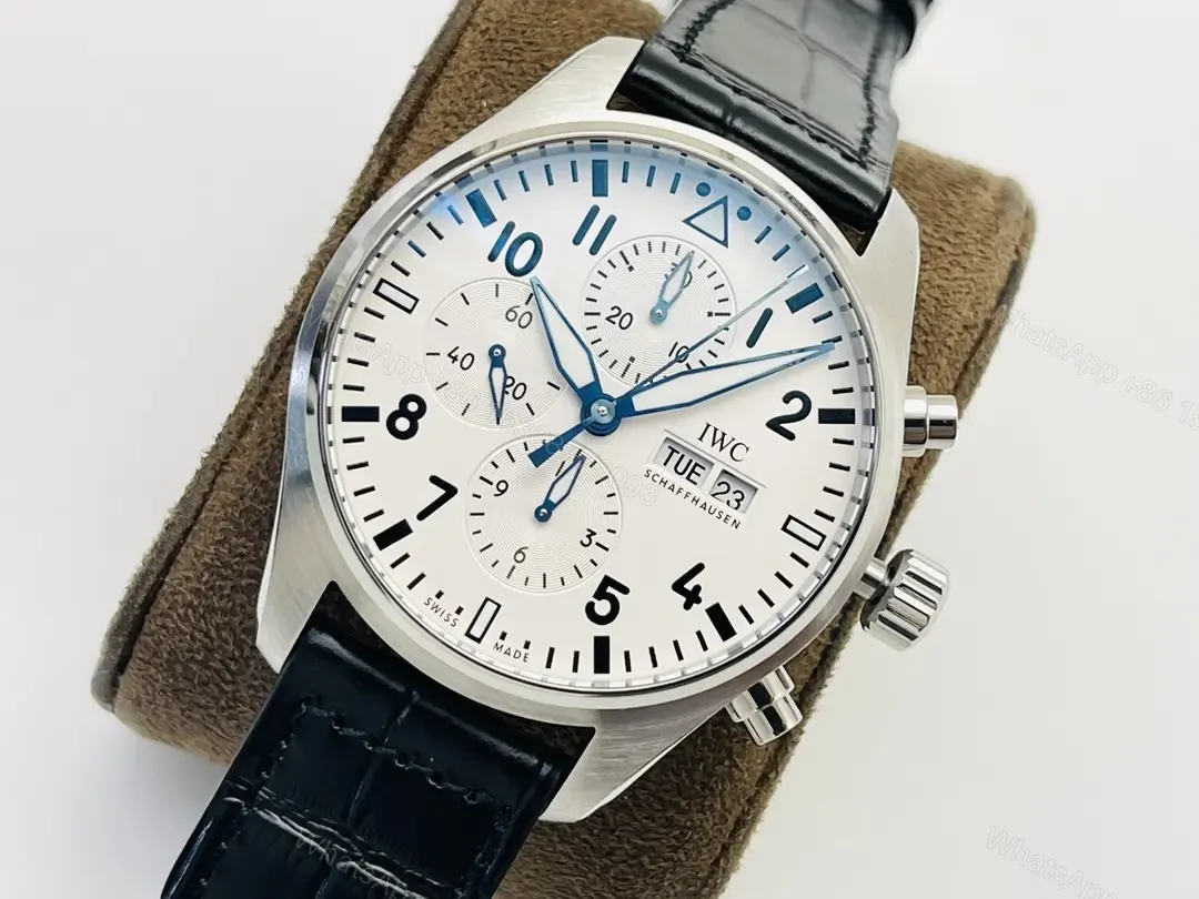 View 3 of IWC White Pilot Chronograph Blue Hands Leather Strap Ultimate 43MM IWC-PILOT-CHR-WHT43-BH