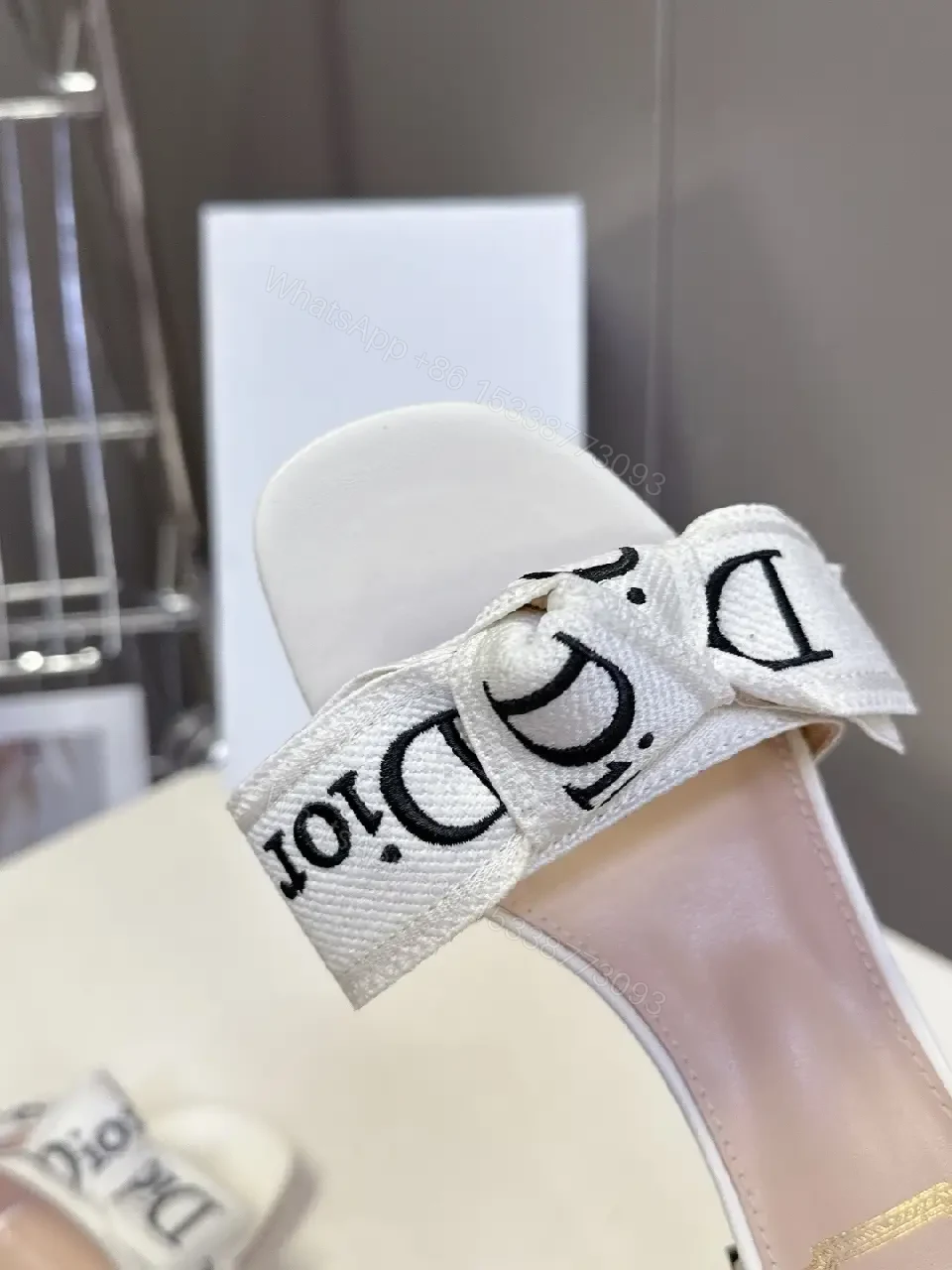 View 8 of White Leather Dior-Style Bow Sandals, Slip-On Heeled Slide