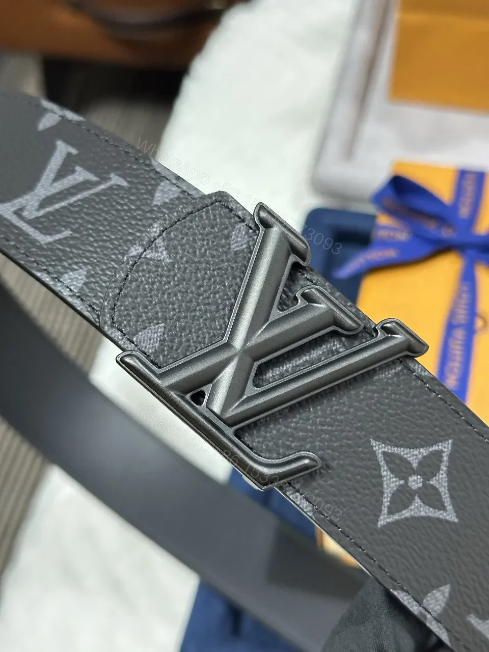 View 7 of Black Matte Canvas Belt, Gunmetal Buckle, 30mm, Monogram Luxe