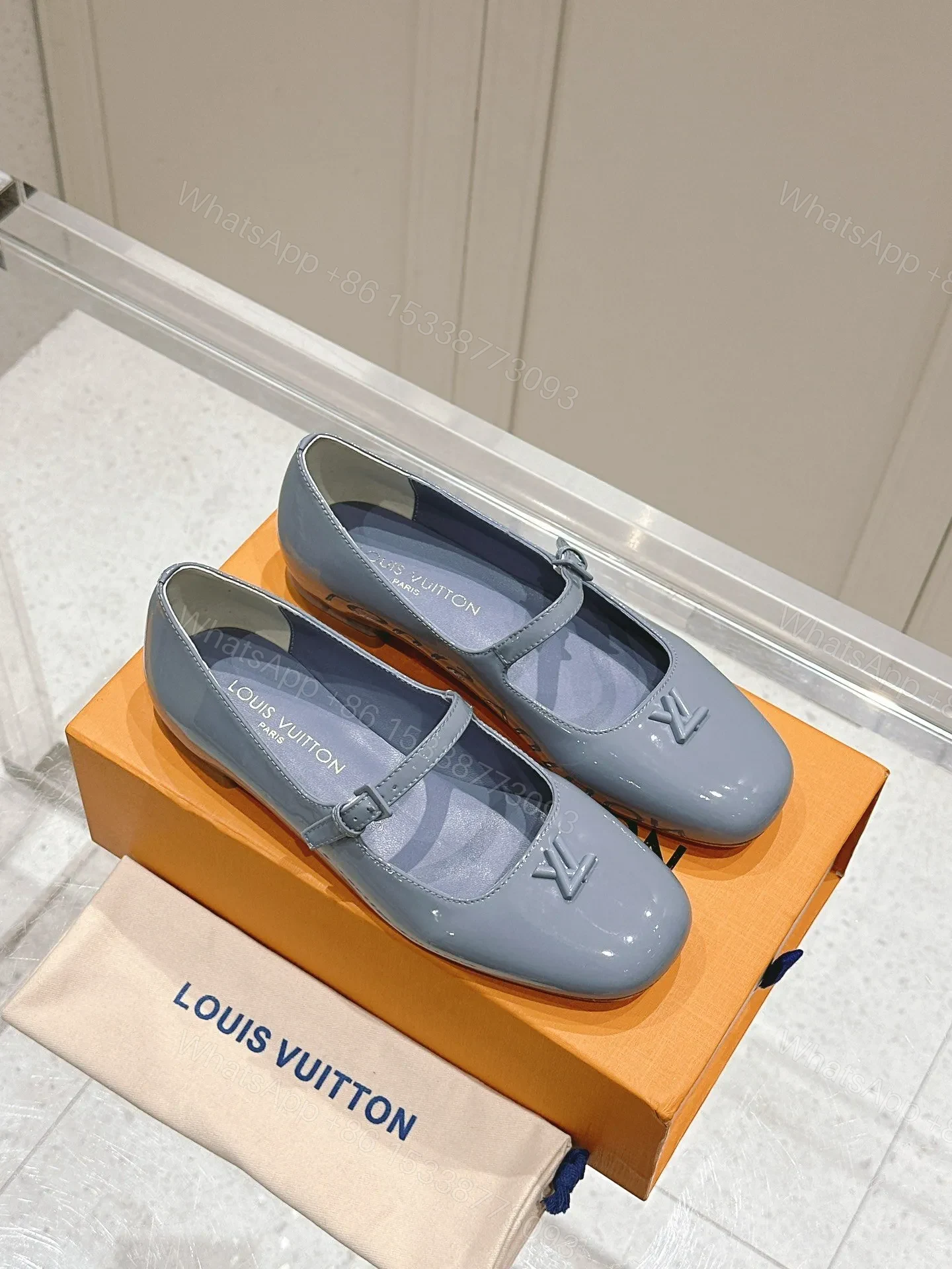 View 3 of LV Women Light Blue Patent Leather Mary Jane Loafers