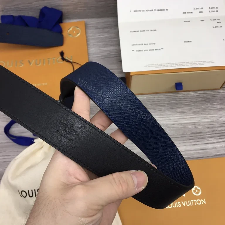 View 3 of Blue Textured Leather Belt â€“ Louis Vuitton Style, 40mm, Gold-Standard Quality