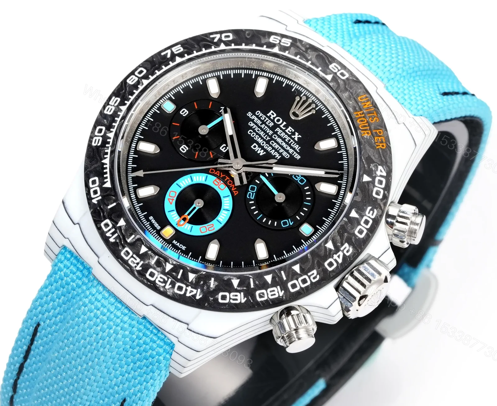 View 5 of Best Rolex Daytona White Turquoise Strap replica 40MM Black Dial Edition RG-DAYTONA-WHITE-TURQUOISE-STRAP-40