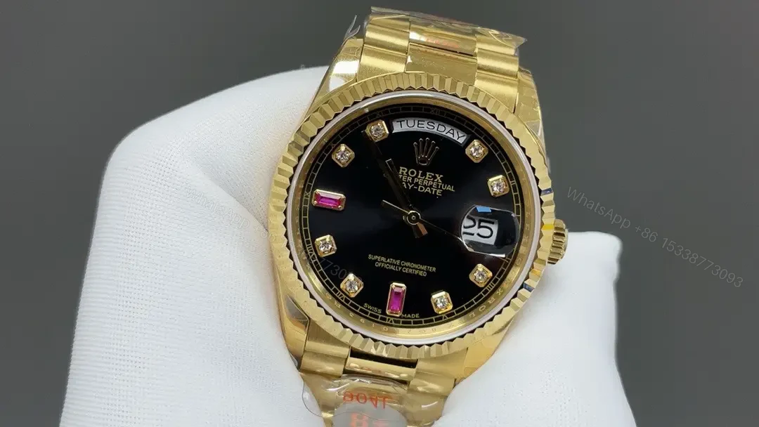 View 3 of Rolex Day-Date 36 Yellow Gold Fluted Oyster Black Diamonds Rubies 118238-0396