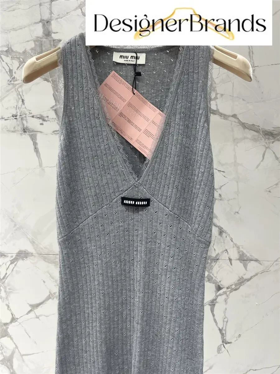 View 3 of Miu Miu Grey V-Neck Sleeveless Knitted Mini Dress