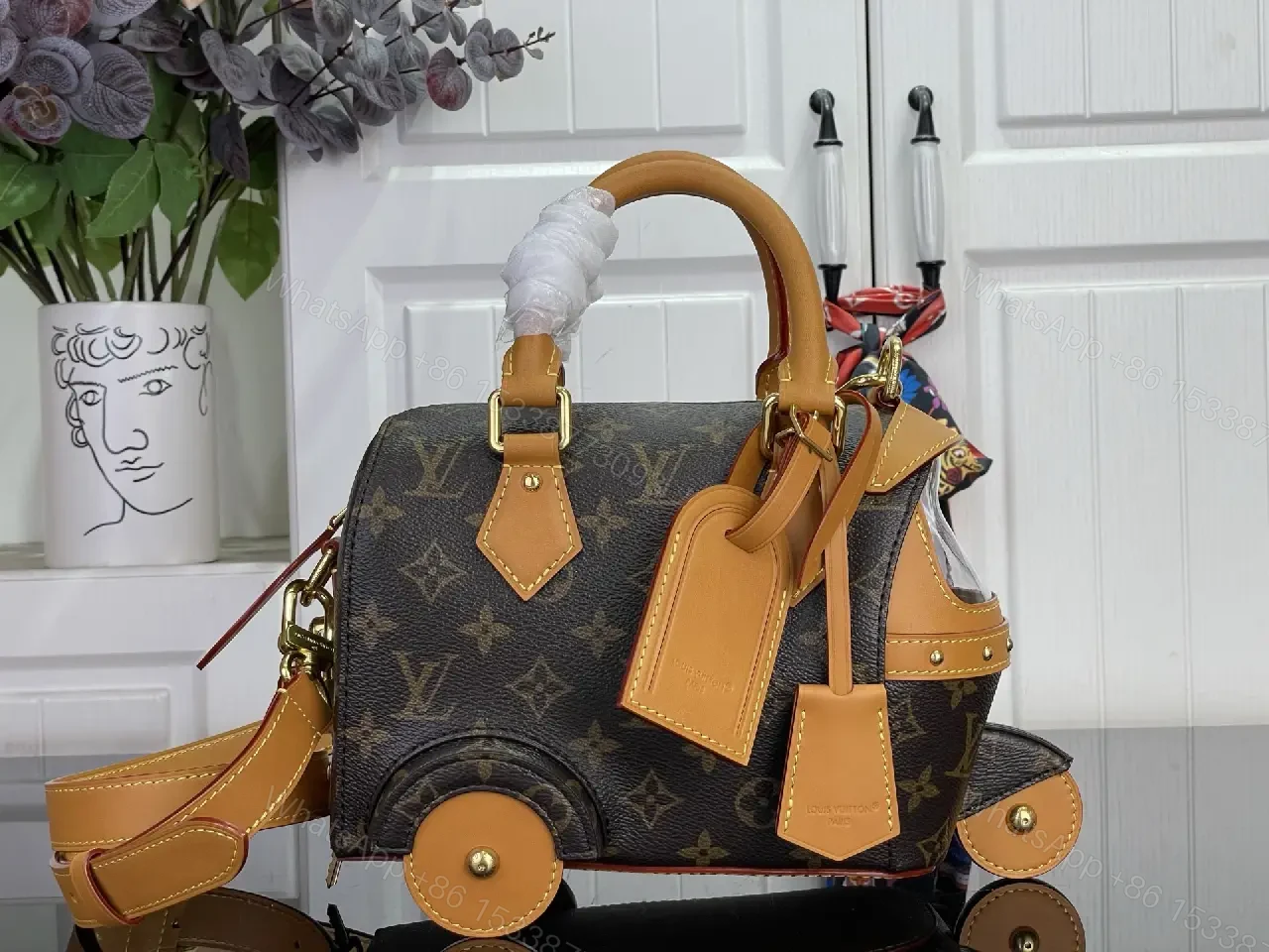 View 5 of Dark Brown LV Monogram Rolling Handbag with Tan Leather Trims