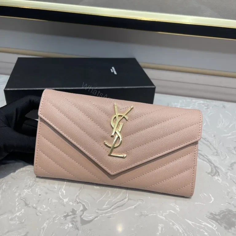 Soft Pink Quilted Wallet with Gold YSL Logo | Compact Luxury Wallet — view 1