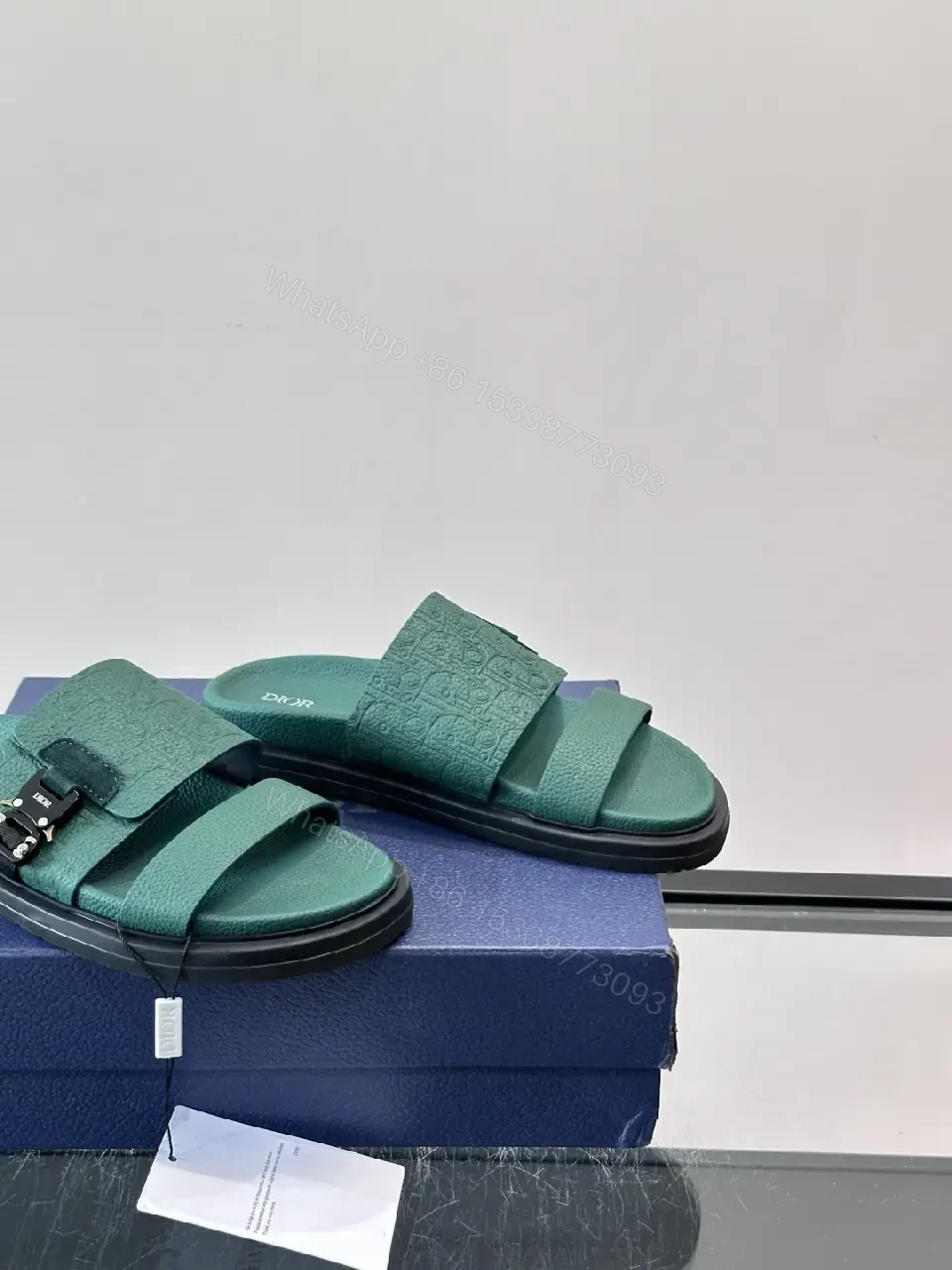 View 2 of Green Leather Slide Sandals Minimalist Style with Buckle Feature Sandals