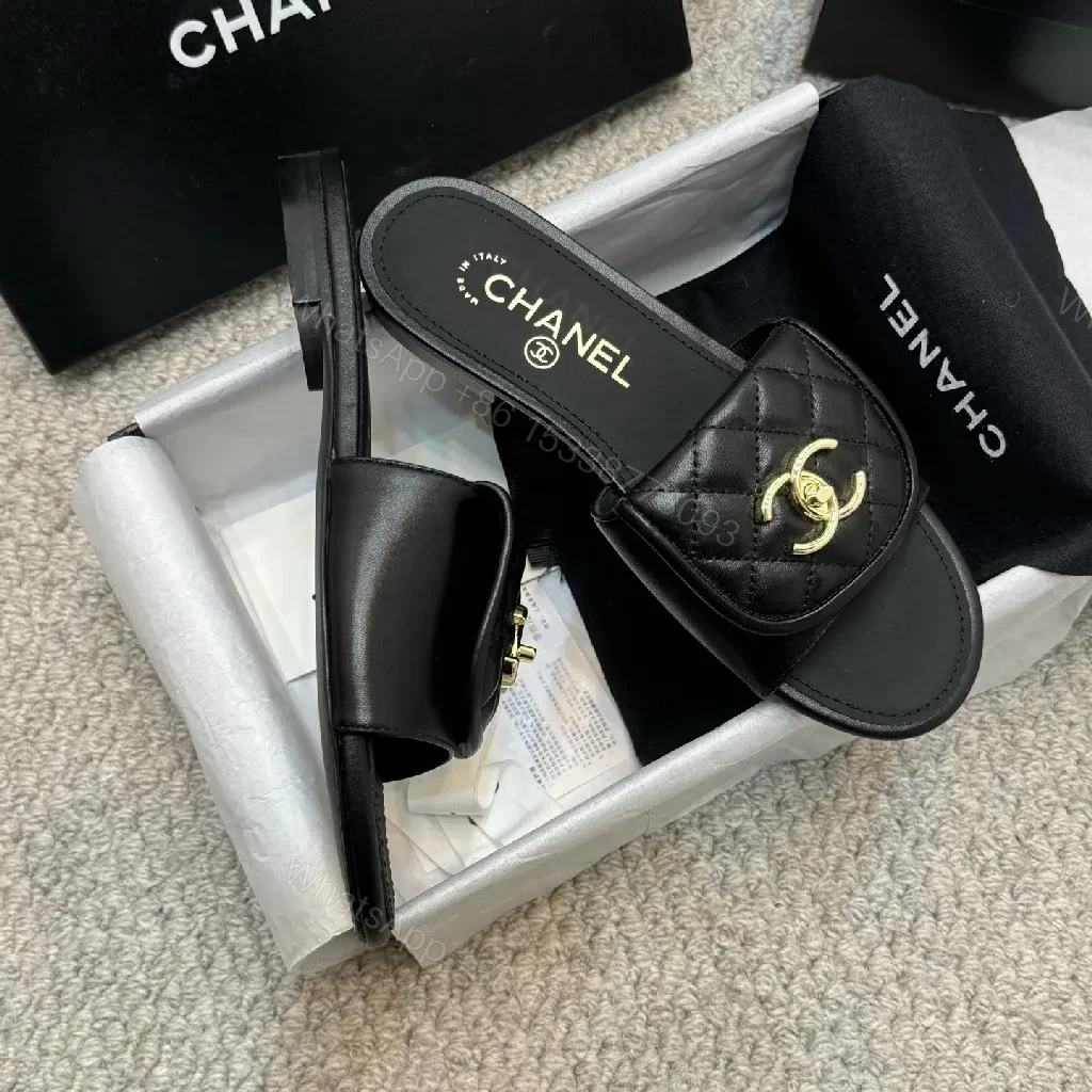 View 9 of Quilted Leather Slides with Gold Logo, Luxe Casual