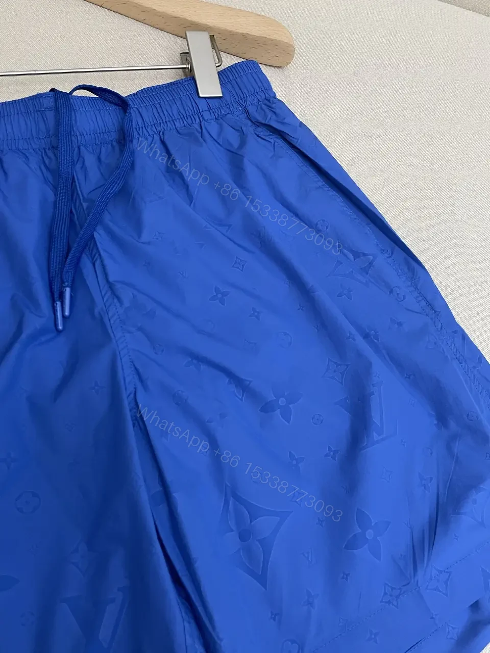View 11 of Blue Silk-Like Drawstring Shorts, Louis Vuitton Monogram Style, Swim/Active Type
