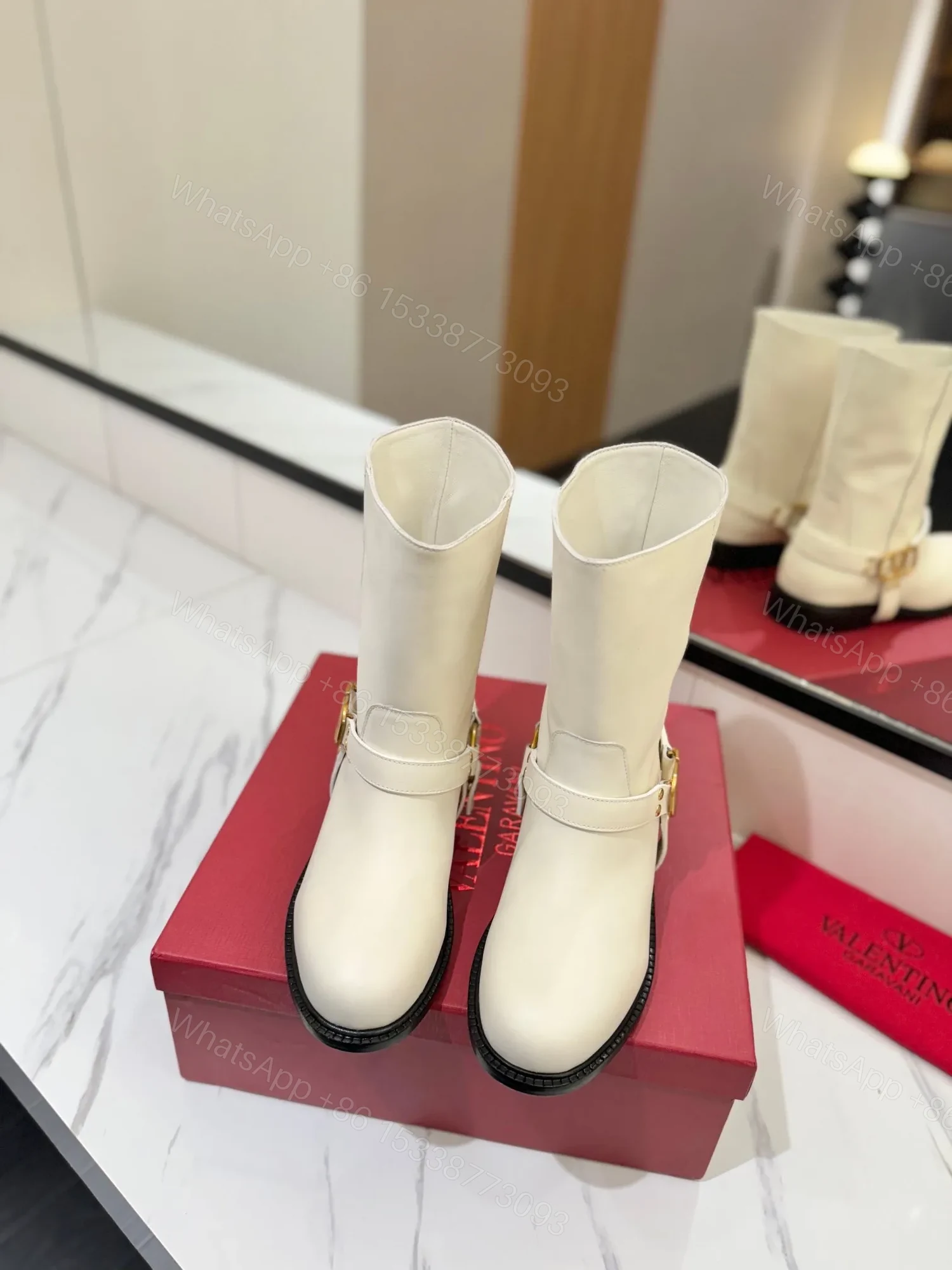 View 4 of Valentino Women White Leather Mid-Calf Boots