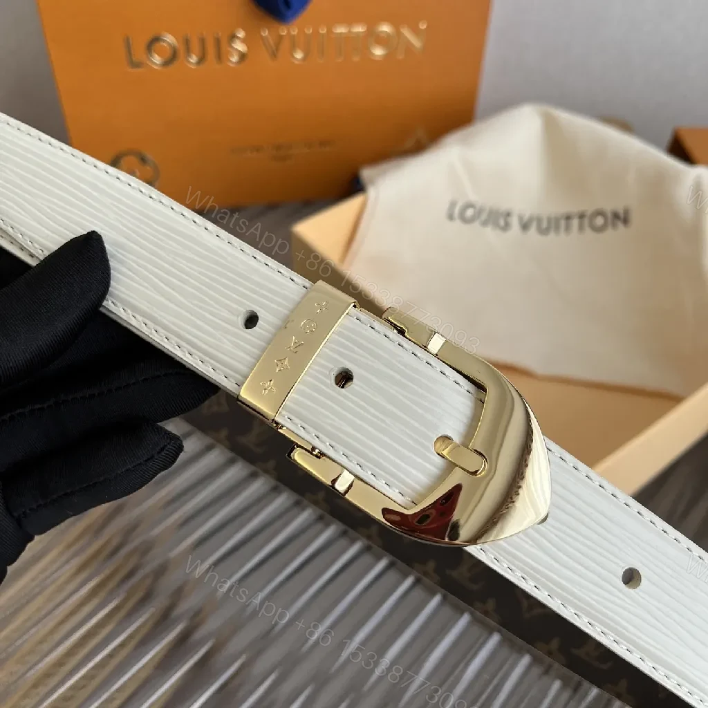 View 3 of White Leather Belt: Subtle Gold Buckle, Monogram Detail, Modern Luxury
