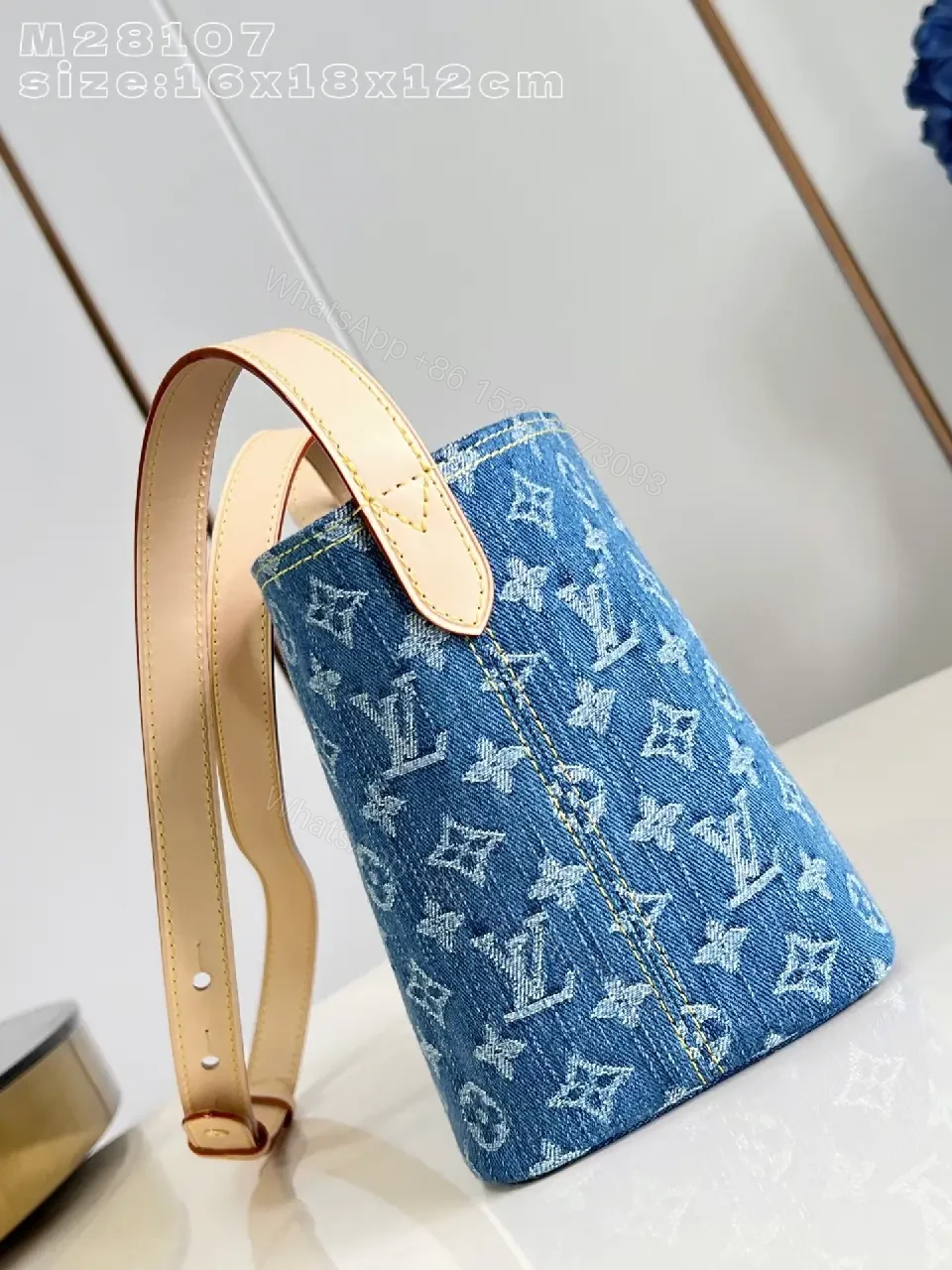 View 7 of Denim Monogram Satchel: Structured, Two-Tone Leather Trim Bag