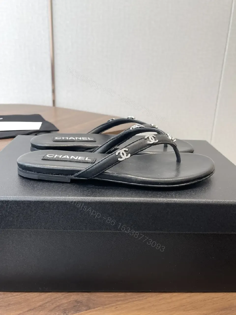 View 5 of Black Leather Flip-Flops Faux Pearl Thong Comfort CHANEL-inspired Sliders