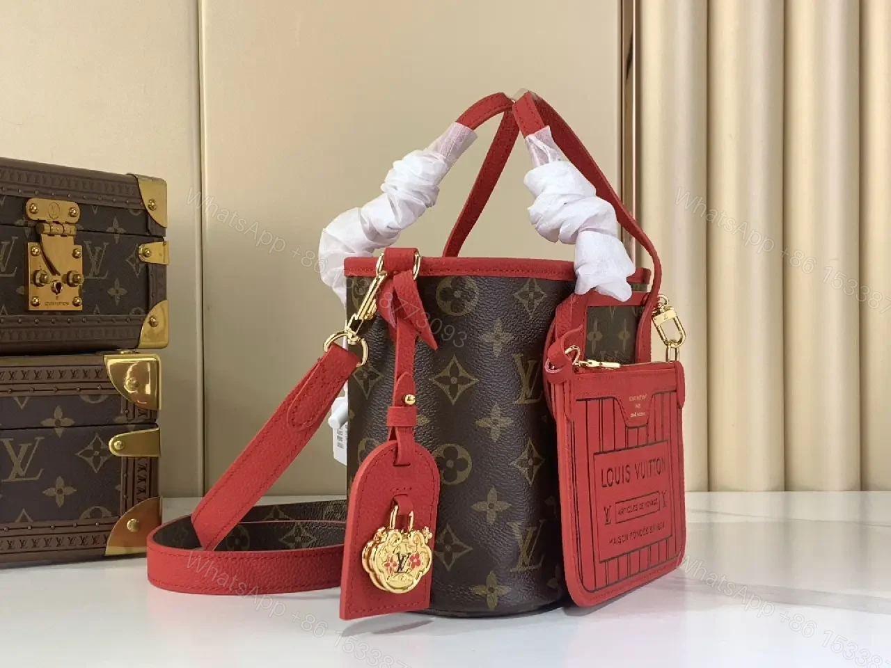 View 9 of Monogram Tote in Red Leather Trim, Structured Luxury Tote
