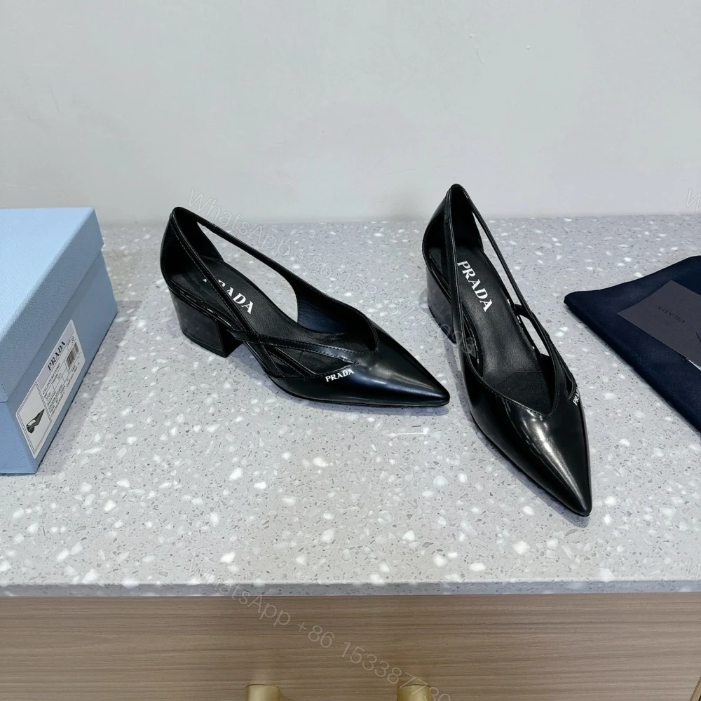 View 4 of 高仿Prada*1I747N尖頭粗跟高踭鞋5.5CM黑色免檢版