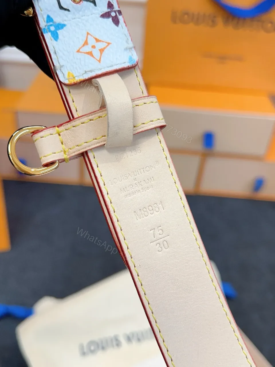 View 2 of Colorful Monogram Belt in Textured Leather with Gold Buckle