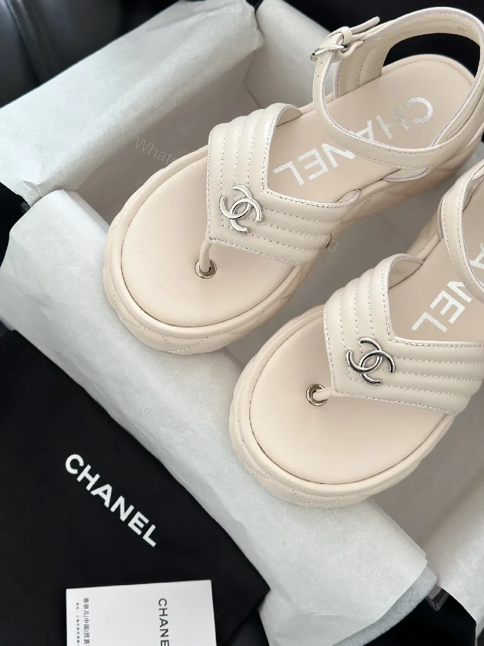 View 5 of Elegant Comfort Sandal: Signature Hardware, Open-Toe, Beige Leather-like Finish